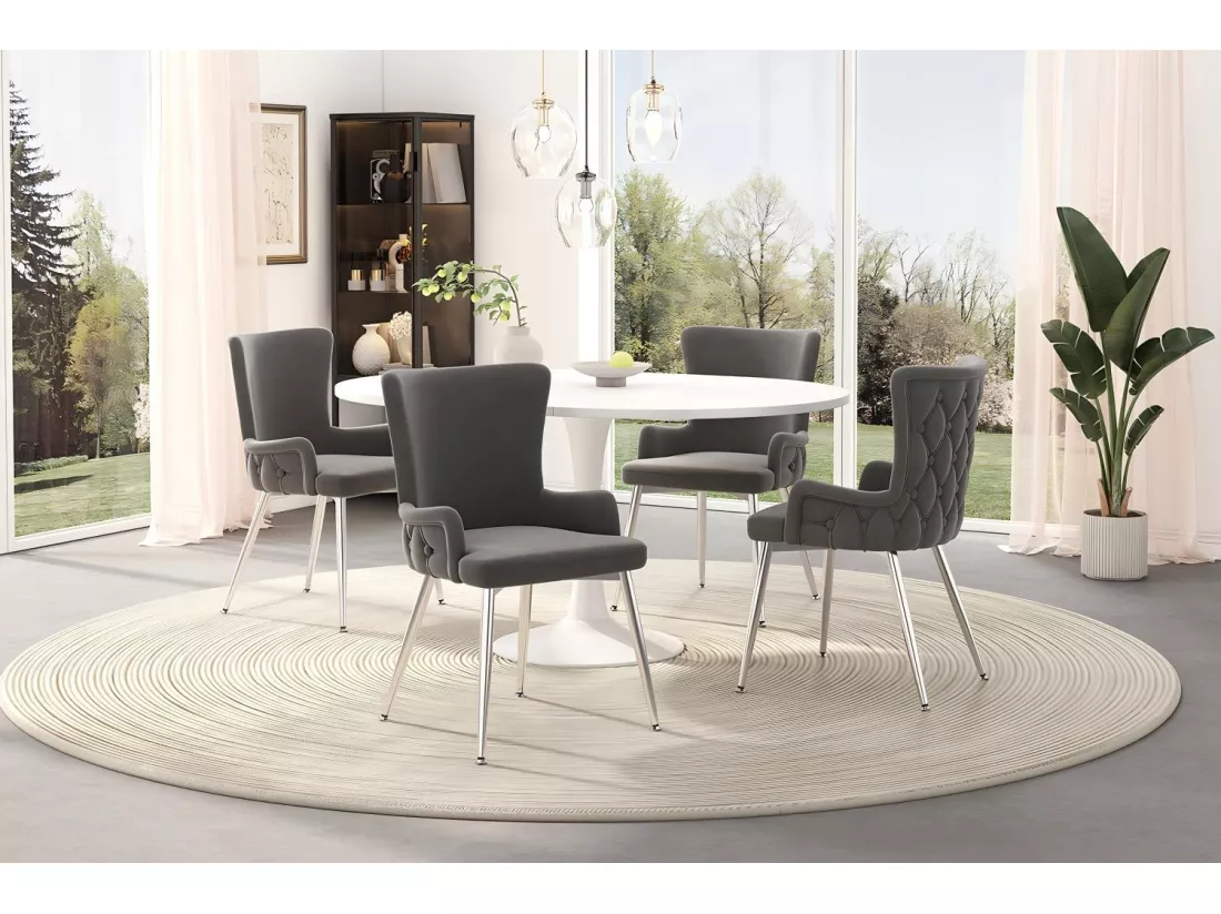 Lot de 6 chaises en velours, avec 4 pieds métallique, charge max 120kg, 55x48x84cm, Gris
