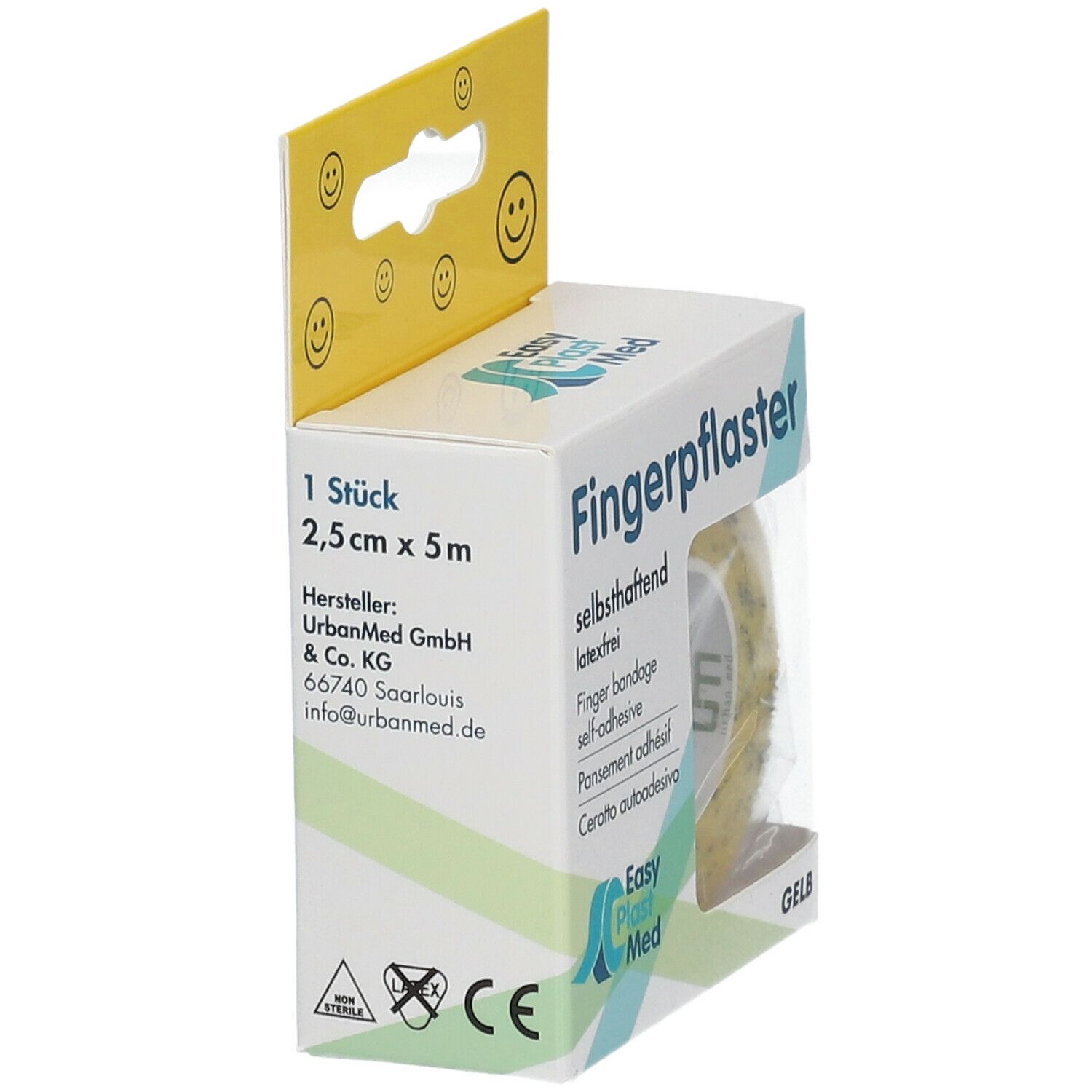 Easy Plast Med Fingerpflaster 2,5 cm x 5 m gelb Smileys