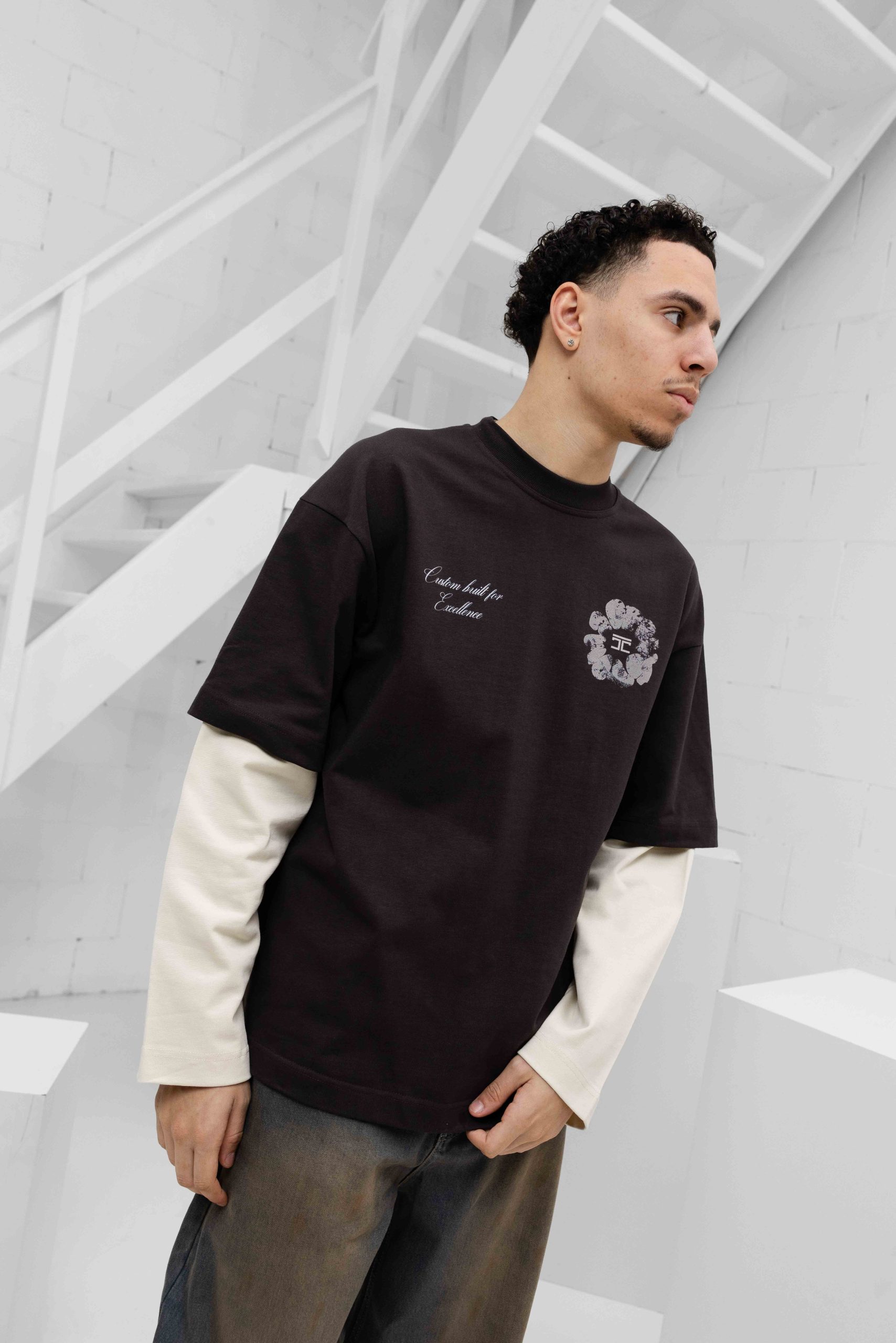 Jorcustom Flowers Double Layered Longsleeve T-Shirt Heren Bruin/Beige