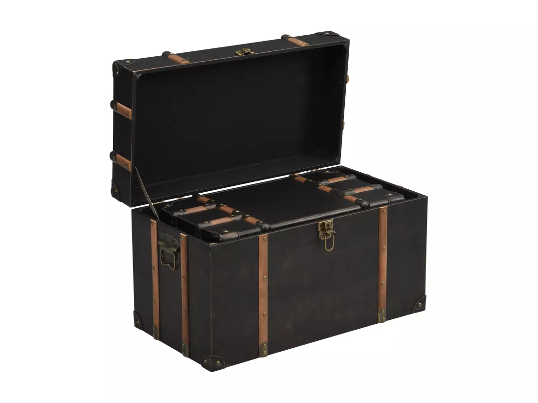 Lot de 2 malles en bois et MDF - Revêtement en simili - L. 64 x P. 39 x H. 34 cm et L. 54 x P. 30 x H. 30 cm - Marron foncé - MAHALIA