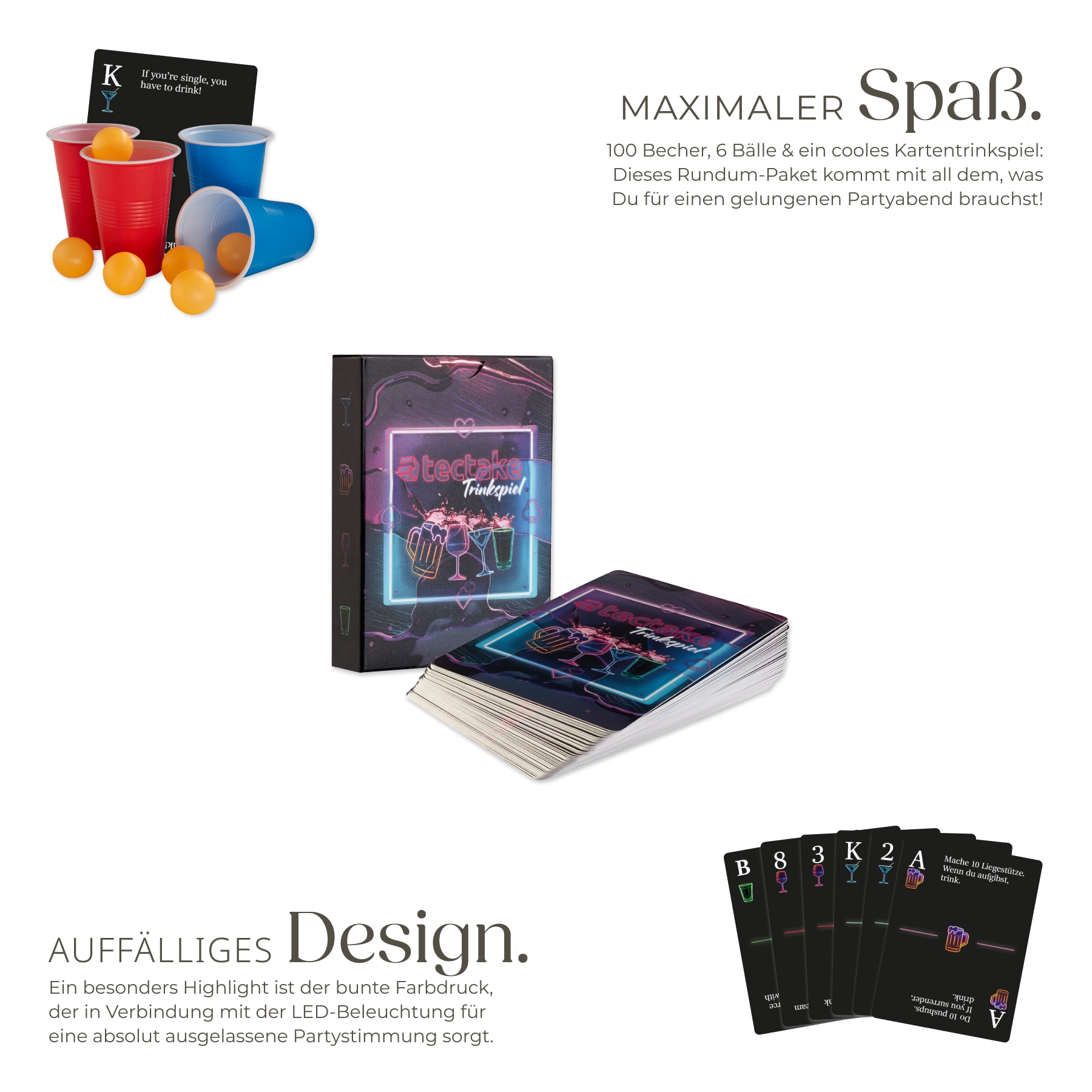 tectake® Bierpongtisch, aus Aluminium, mit LED-Beleuchtung, bodenschonende Kunststofffüße, inklusive 100 Bechern, 6 Bällen und Kartentrinkspiel