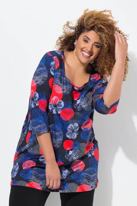 Longshirt, A-Linie, Carree-Ausschnitt, 3/4-Arm, schwarz
