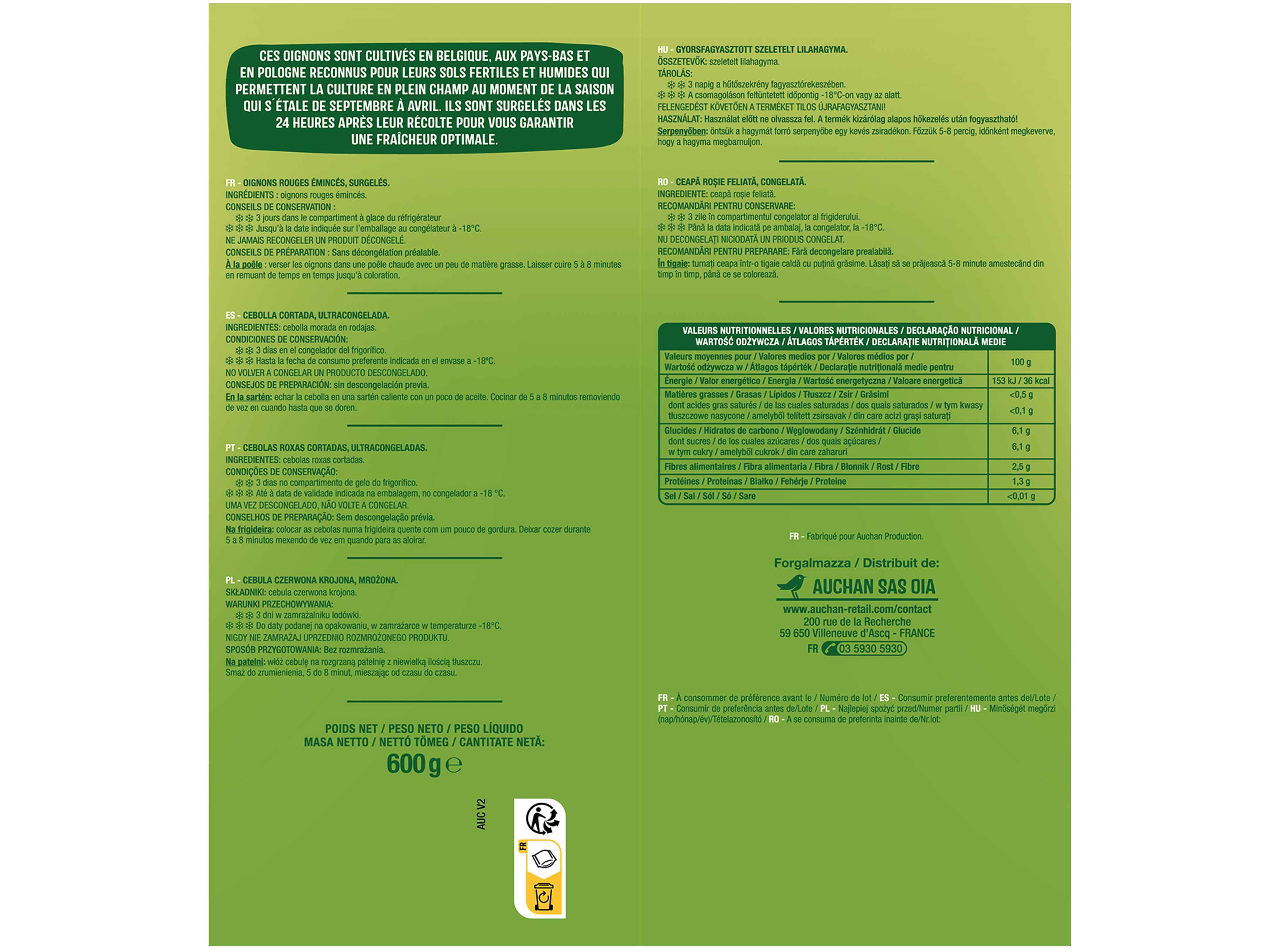 CEBOLA ROXA AUCHAN ÀS RODELAS 600G