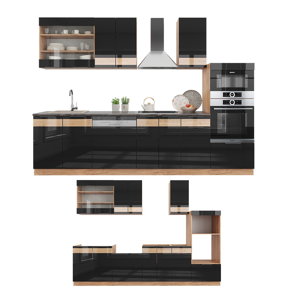 Vicco Küchenzeile Küchenblock Einbauküche Fame-Line Eiche Schwarz 300 cm modern Hochglanz Küchenschränke Küchenmöbel