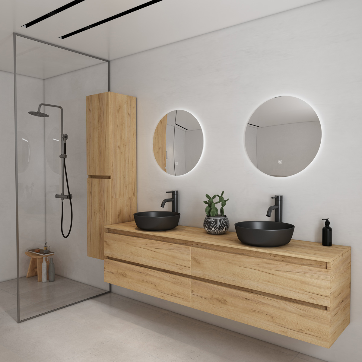 Fontana Proma badmeubel 200cm met zwarte waskommen warm eiken