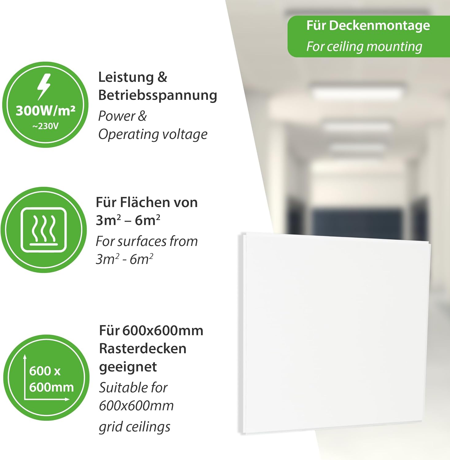 ECOSUN E 300 C Deckenheizung 300W - Infrarot Heizpanel 60x60cm für Rasterdecken - Ideal für OWA Odenwald Kassettendecken, Büro & Gewerbe