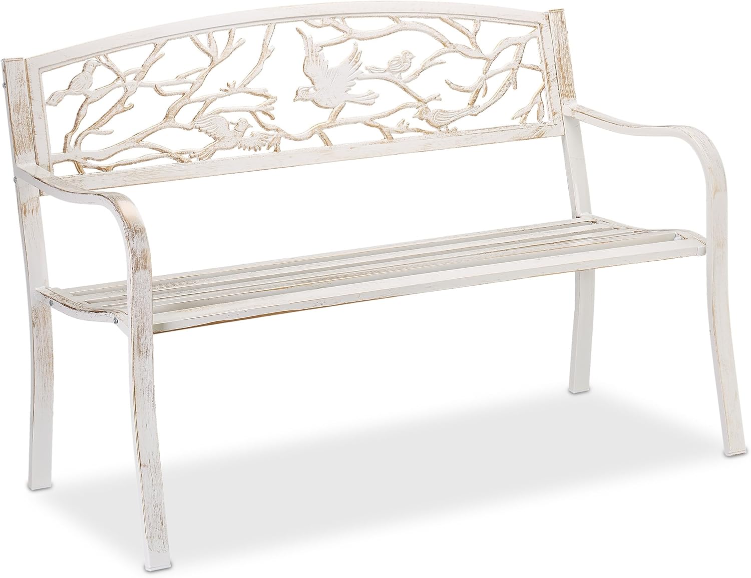 Relaxdays Gartenbank, Vögel Muster, 2-Sitzer, Vintage, Garten & Balkon, Stahl, Sitzbank, HBT: 87x127x57 cm, weiß/bronze
