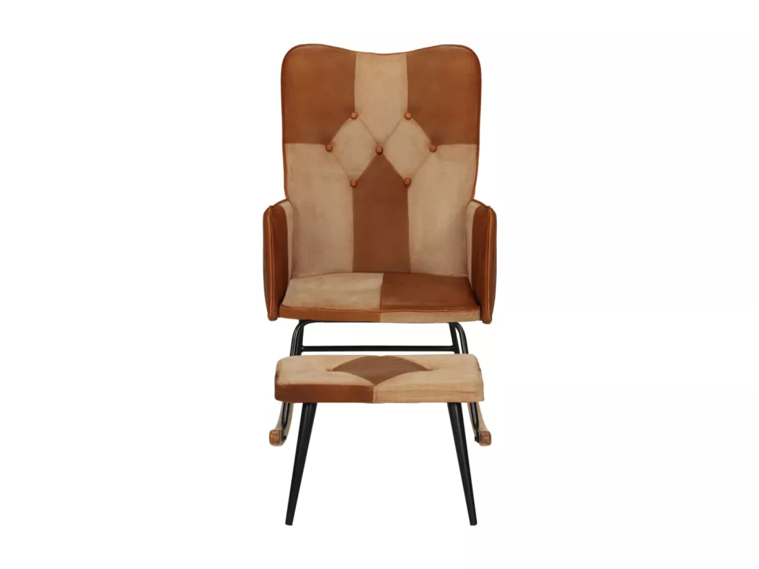 Chaise à bascule et repose-pieds Marron Cuir véritable et toile