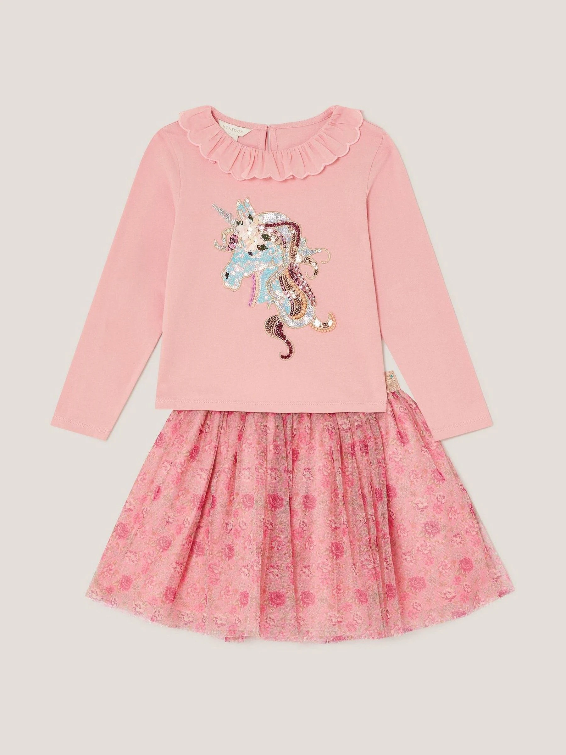 Monsoon Sequin Unicorn Top & Floral Print Mesh Skirt Set