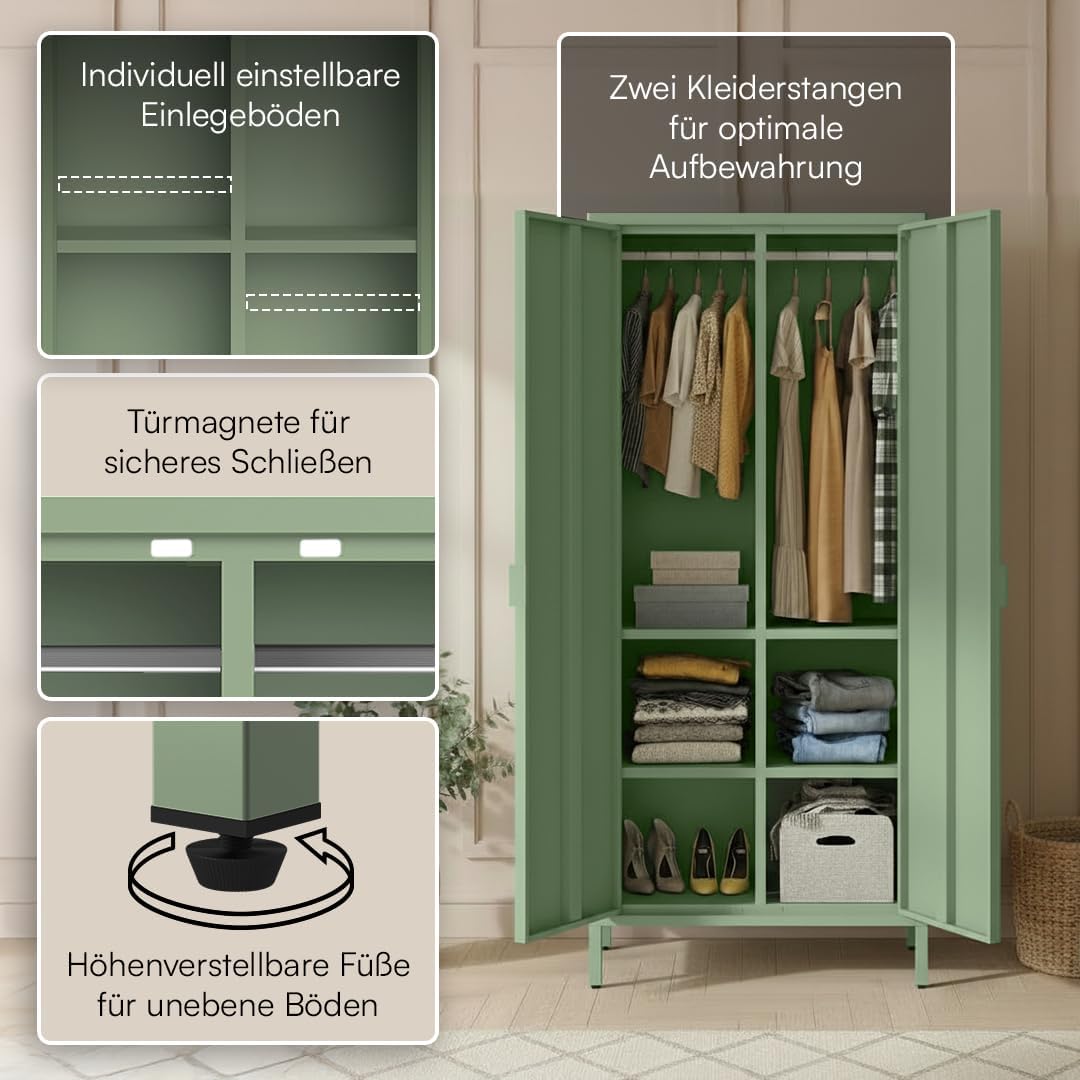 skølm Ituri Metallschrank Mintgrün – Kleiderschrank mit 6 Fächern & 2 Kleiderstangen – Garderobenschrank Flur 80 cm breit – Schlafzimmerschrank Industrial Style – Stahlschrank für Wohnzimmer & Büro