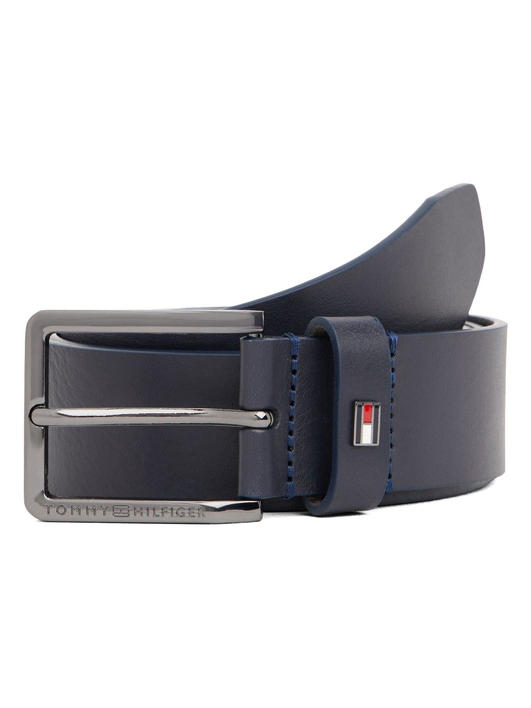 Blauw - Tommy Hilfiger leren riem met geëmailleerde vlag