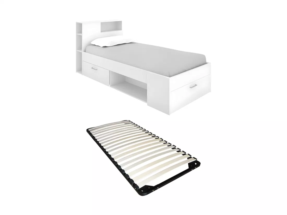 Lit avec tête de lit rangements et tiroir - 90 x 190 cm - Blanc + Sommier - LEANDRE