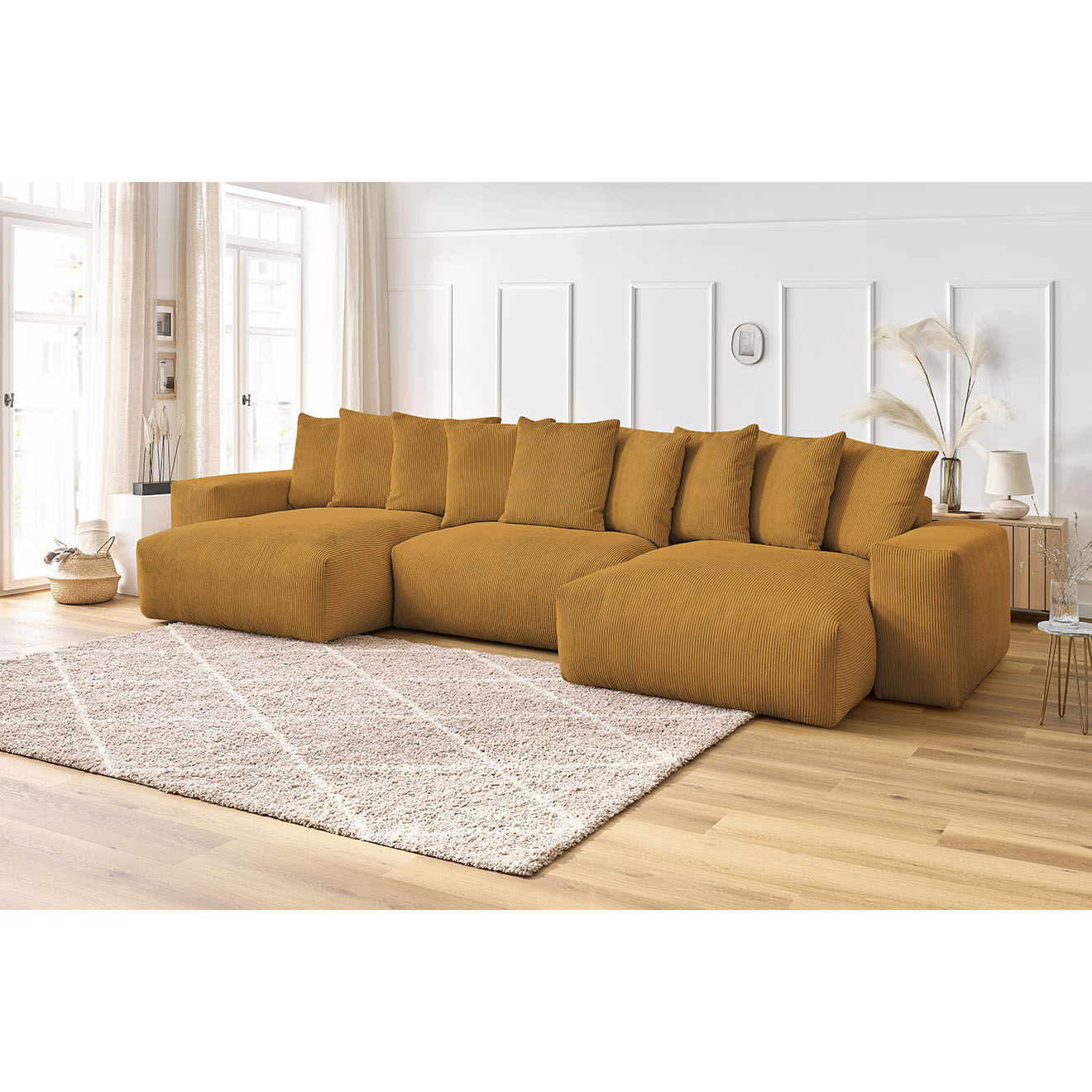 Bobochic Canapé panoramique fixe ultra moelleux voltaire velours côtelé jaune - 420x174x75 cm