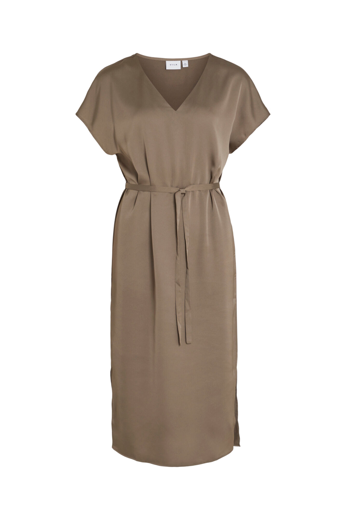 Vestido midi de cetim com mangas curtas - Marrom