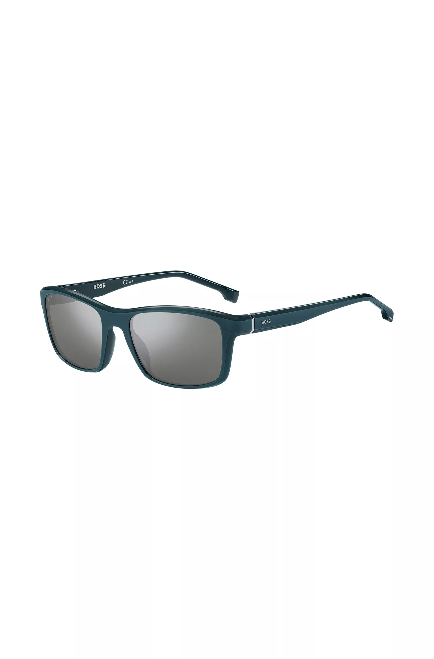 Óculos de sol BOSS em acetato preto na cor verde-azulado fosco com detalhes em metal.