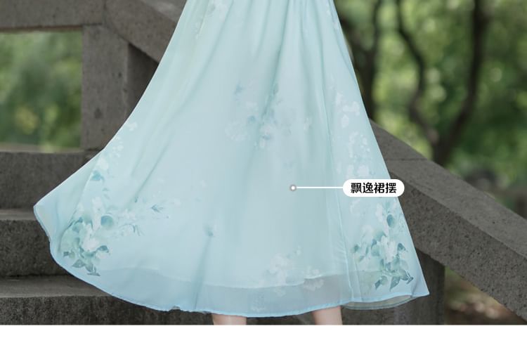 Fioridi - Hanfu-top met elleboogmouwen en bloemenborduursel / Midi-A-lijn rok met hoge taille en bloemenprint