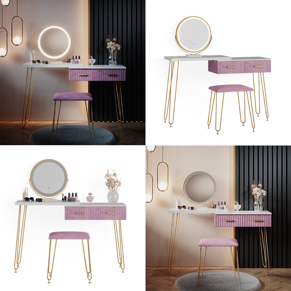 Vicco Schminktisch Frisiertisch Schminkkommode Zoey Weiß Rosa LED-Spiegel Design-Hocker 120x76 cm modern Schlafzimmer Kommode Schublade Ablage Aufbewahrung Touch-Switch Kosmetiktisch Make-Up-Tisch