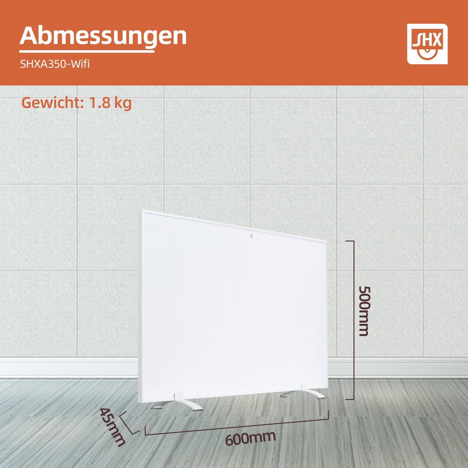 SHX Infrarot-Heizpaneel mit WiFi 350W SHXA350-WiFi – 350 Watt, 4-7m², Wandmontage, WiFi, Fernbedienung, weiß