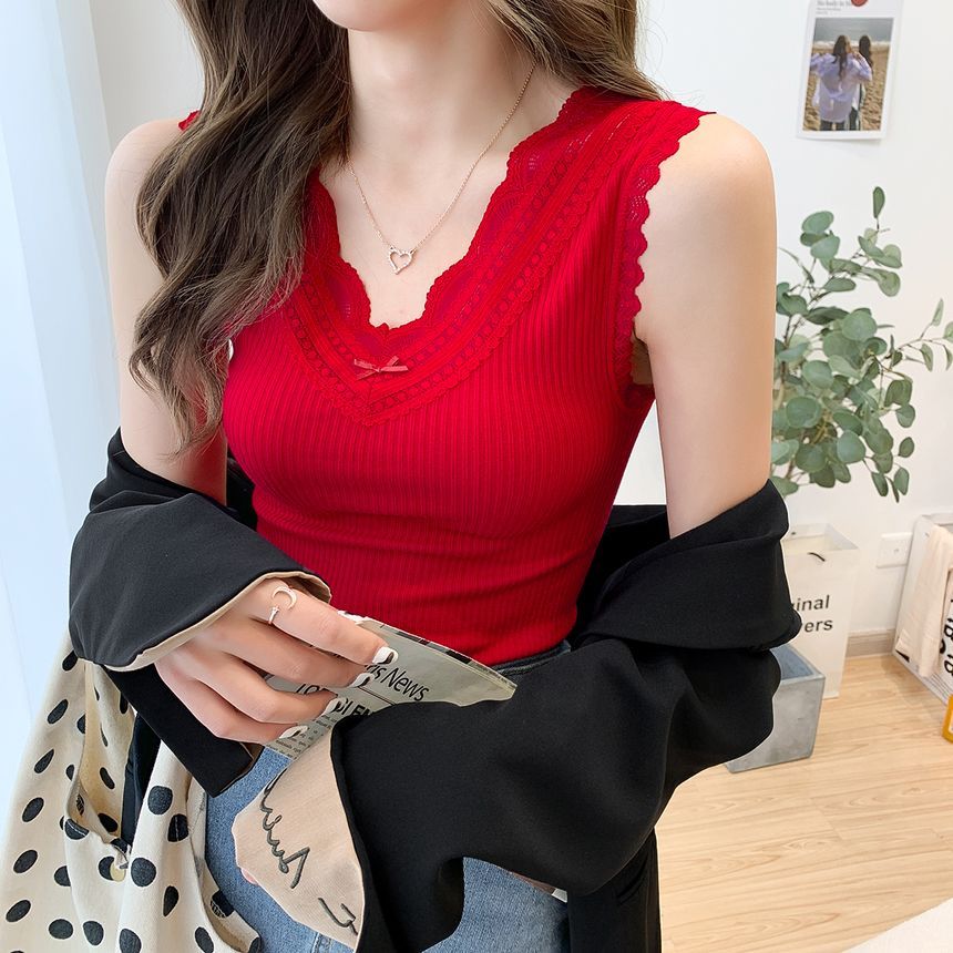 Shiodome - Tanktop met V-hals en kanten rand