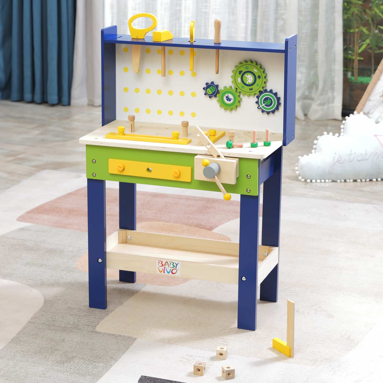 Baby Vivo Spielwerkbank / Werkbank für Kinder aus Holz - Luigi mit drehbaren Zahnrädern und 29 Teilen Zubehör