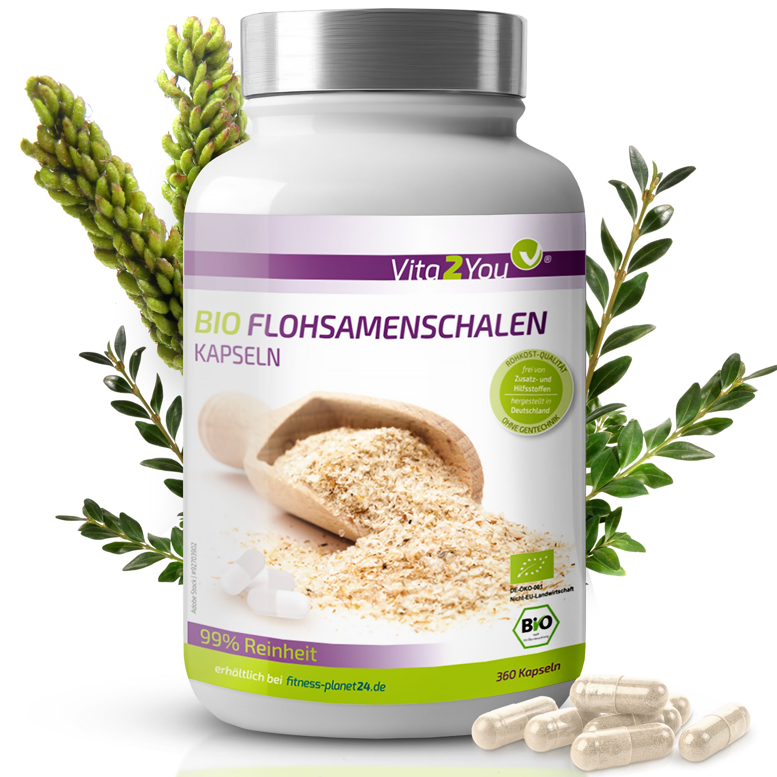 Vita2You Bio Flohsamenschalen Kapseln 750mg - Hochdosiert