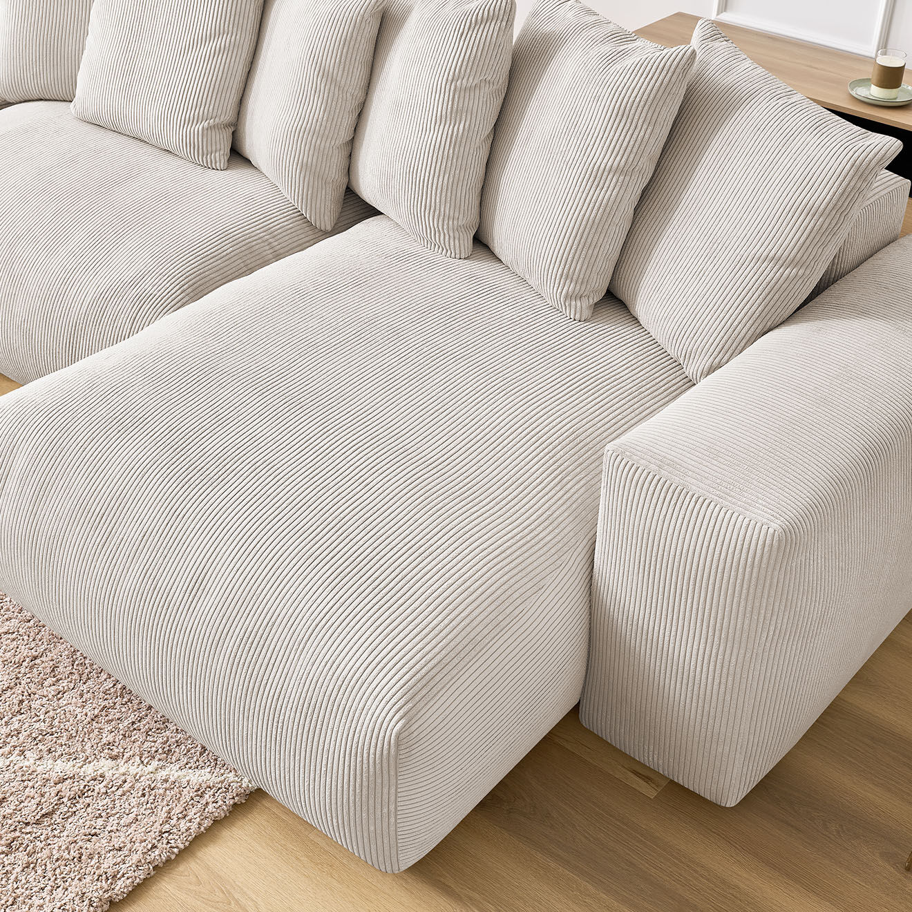 Bobochic Canapé panoramique fixe ultra moelleux voltaire velours côtelé beige - 420x174x75 cm