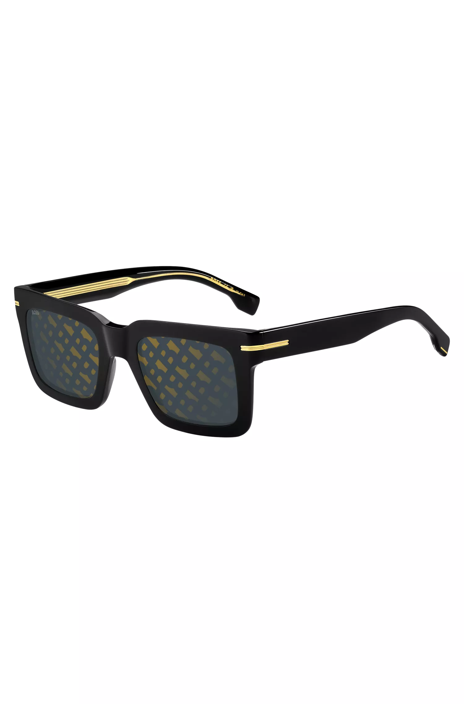 Óculos de sol BOSS em acetato preto com detalhes metálicos exclusivos.