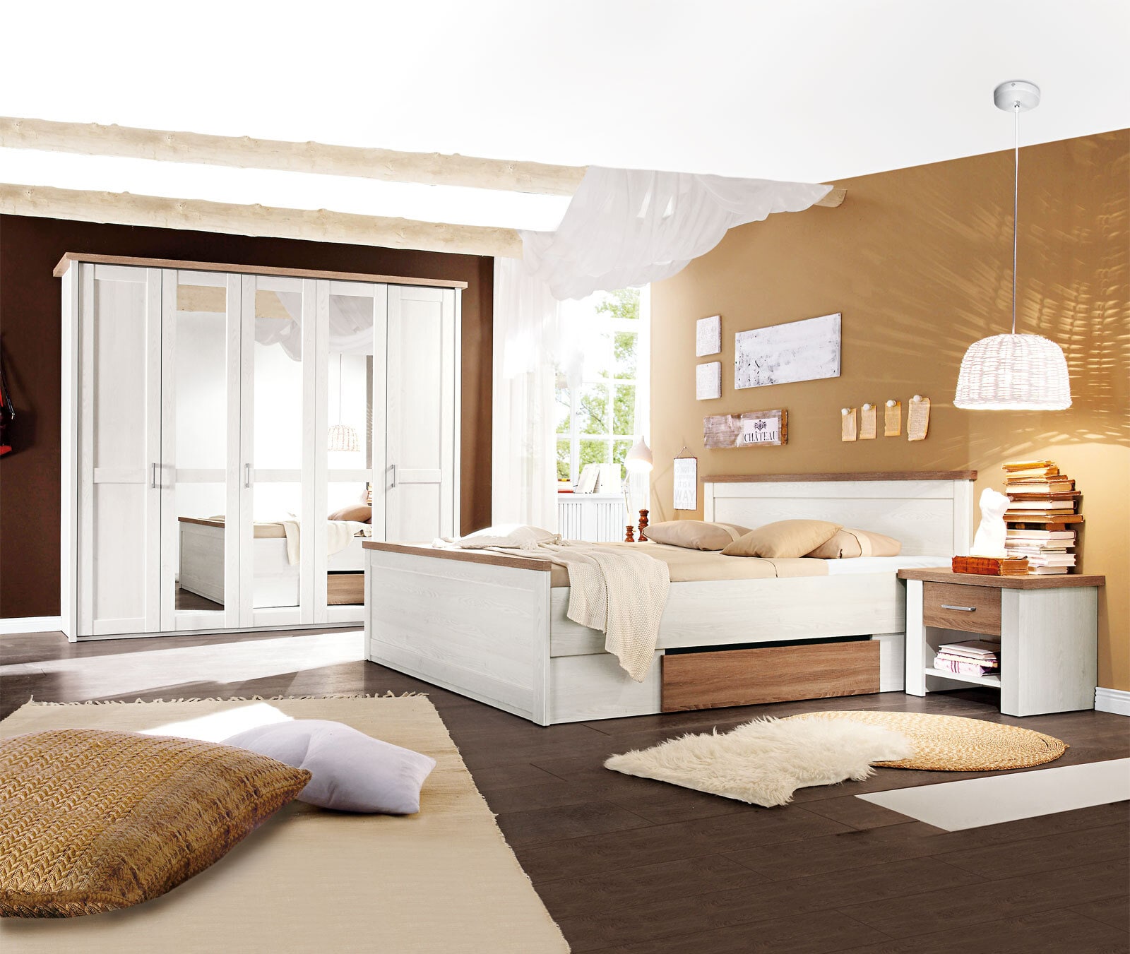 Kleiderschrank Luca Pinie-Optik Weiß/Absetzung Trüffel 195 x 212 x 62 cm