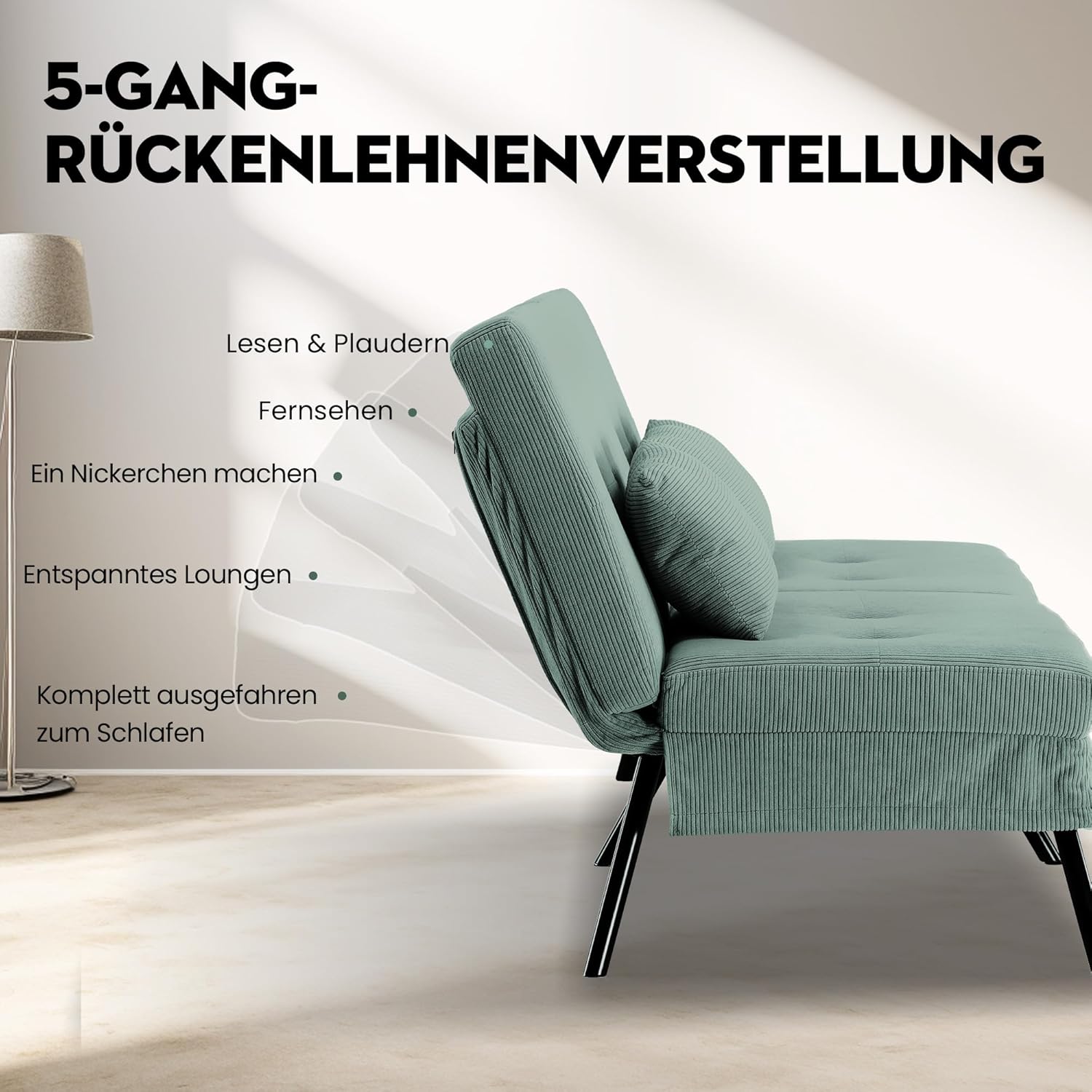 COMHOMA Sofa Schlafsofa mit Schlaffunktion, überzug Futon Klappsofa, Bettcouch, ecksofa, Couch Gästebett, 3-Sitzer Sofa, mit verstellbare Rückenlehne aus Cordstoff Grün
