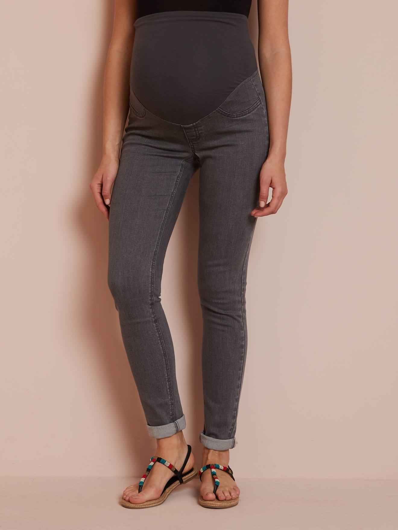 Calças de maternidade lisas, super skinny, cinza escuro