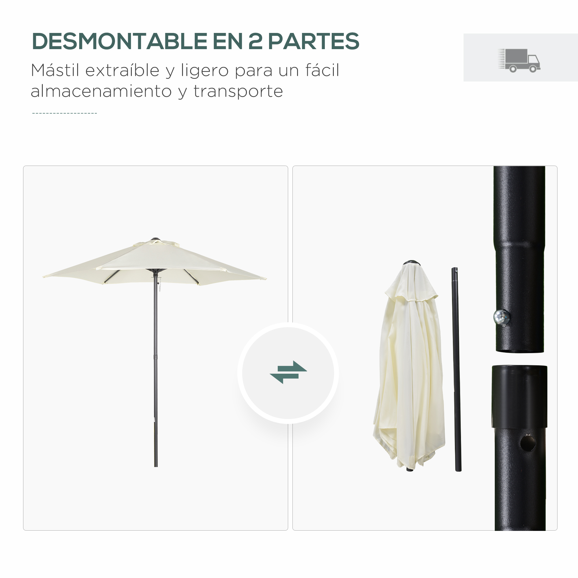 Guarda-sol de jardim Outsunny Ø2x2 m com mastro de alumínio, cobertura ventilada, ângulo ajustável e haste removível para pátio e terraço externos, cor bege.