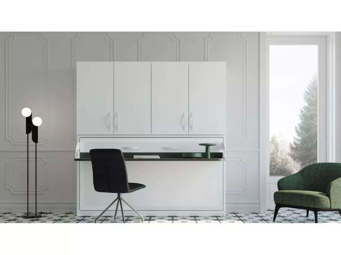 Lit escamotable 140x190 P 53cm chêne gris avec étagères et bureau Miko