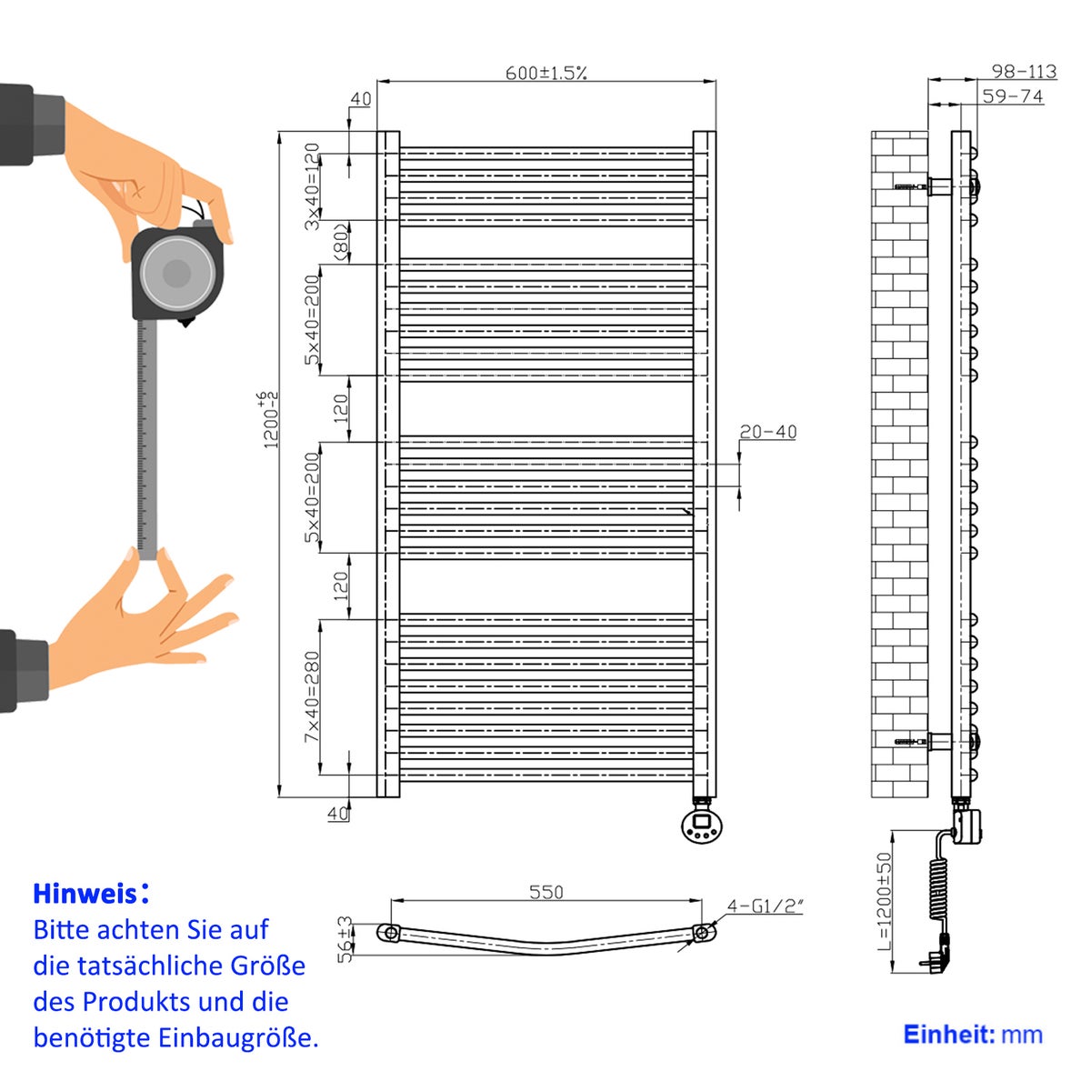 EMKE Elektrische Badkamerradiator Handdoekwarmer met Thermostaat Gebogen 120x60cm 600 Watt Antraciet Handdoekdroger Handdoekradiator Badkamer