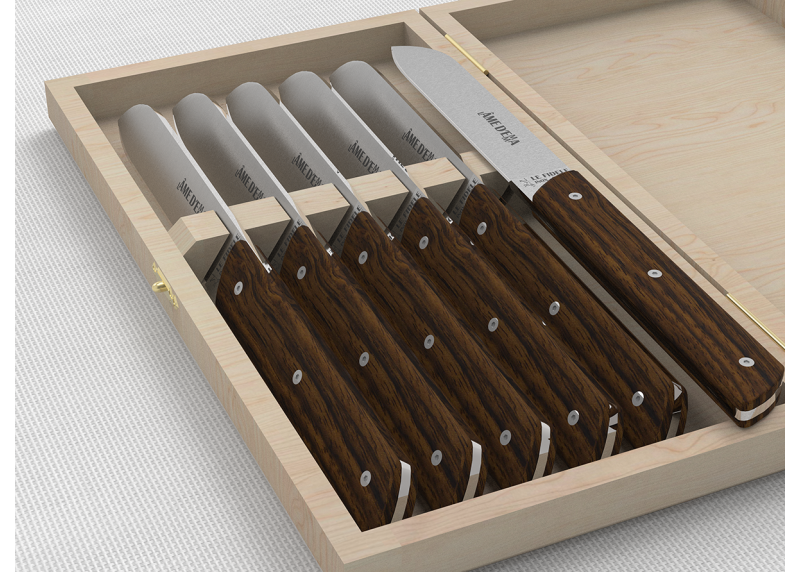 Service de 6 couteaux de table avec un manche en bois de noyer et lame en acier inoxydable