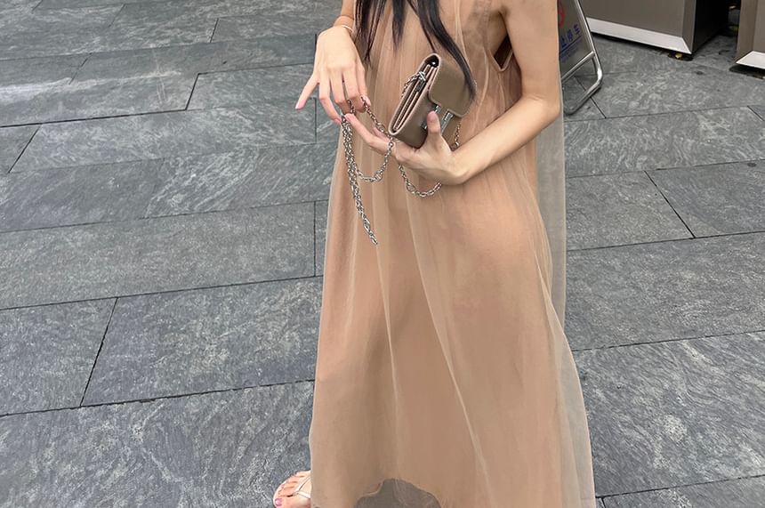 Trendycas - Mouwloze ronde hals, effen gerimpelde mesh maxi-tuniekjurk