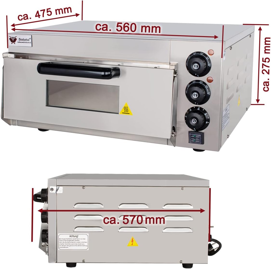 Beeketal 'BPO33-1' Profi Pizzaofen mit 400x400 mm Schamottstein Backfläche, Gastro Steinbackofen für Pizza, Brot und Backwaren, Leistung 2000 Watt, Pizzabackofen Temperatur bis zu 350°C