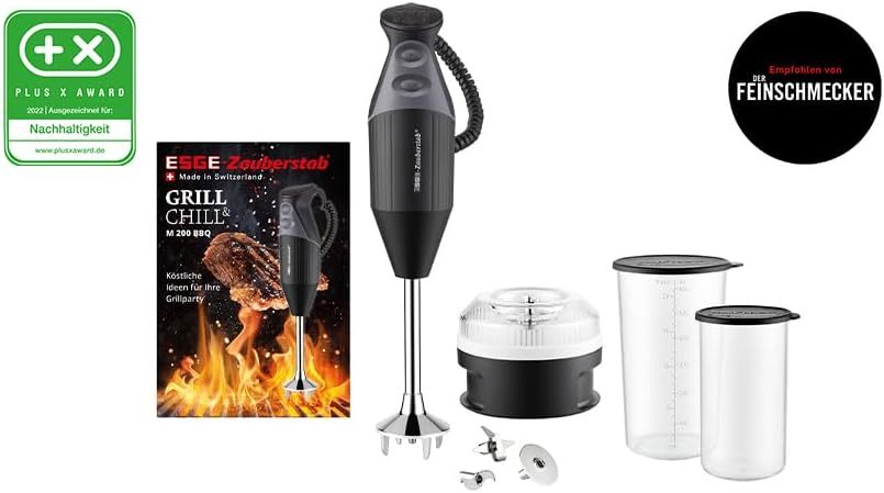 ESGE Zauberstab M 200 BBQ 98215 Stabmixer schwarz, Pürierstab, Handmixer, Profi, inkl. Zubehör, bis zu 17.000 U/Min, 200 Watt, Ergonomisches Griffdesign, Twinschalter, Aufsteckzentrierung, AC-Motor