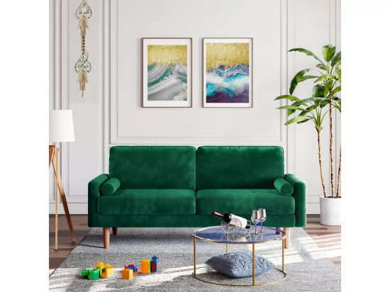 Canapé droit en Velours vert et bois massif - 3 places - charge max 300kg - 176x78x85cm