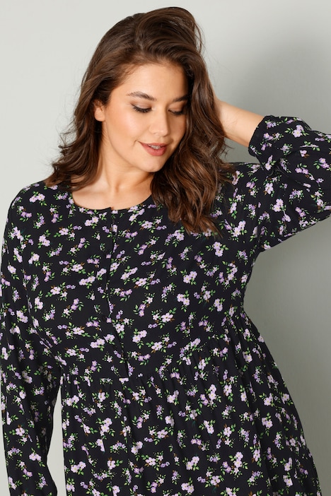 Maxikleid, A-Line, Blütenmuster, Rundhals, Langarm, Volants