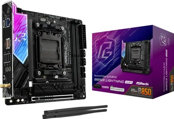 ASRock Phantom Gaming B850I LIGHTNING WIFI - Bundkort - mini ITX - Socket AM5 - AMD B850 Chipset - USB-C 3.2 Gen2, USB-C 3.2 Gen 1, USB 3.2 Gen 2, USB 3.2 Gen 1 - Wi-Fi 6E, Bluetooth, 2.5 Gigabit LAN - onboard grafik (CPU påkrævet) - HD Audio (8-kana