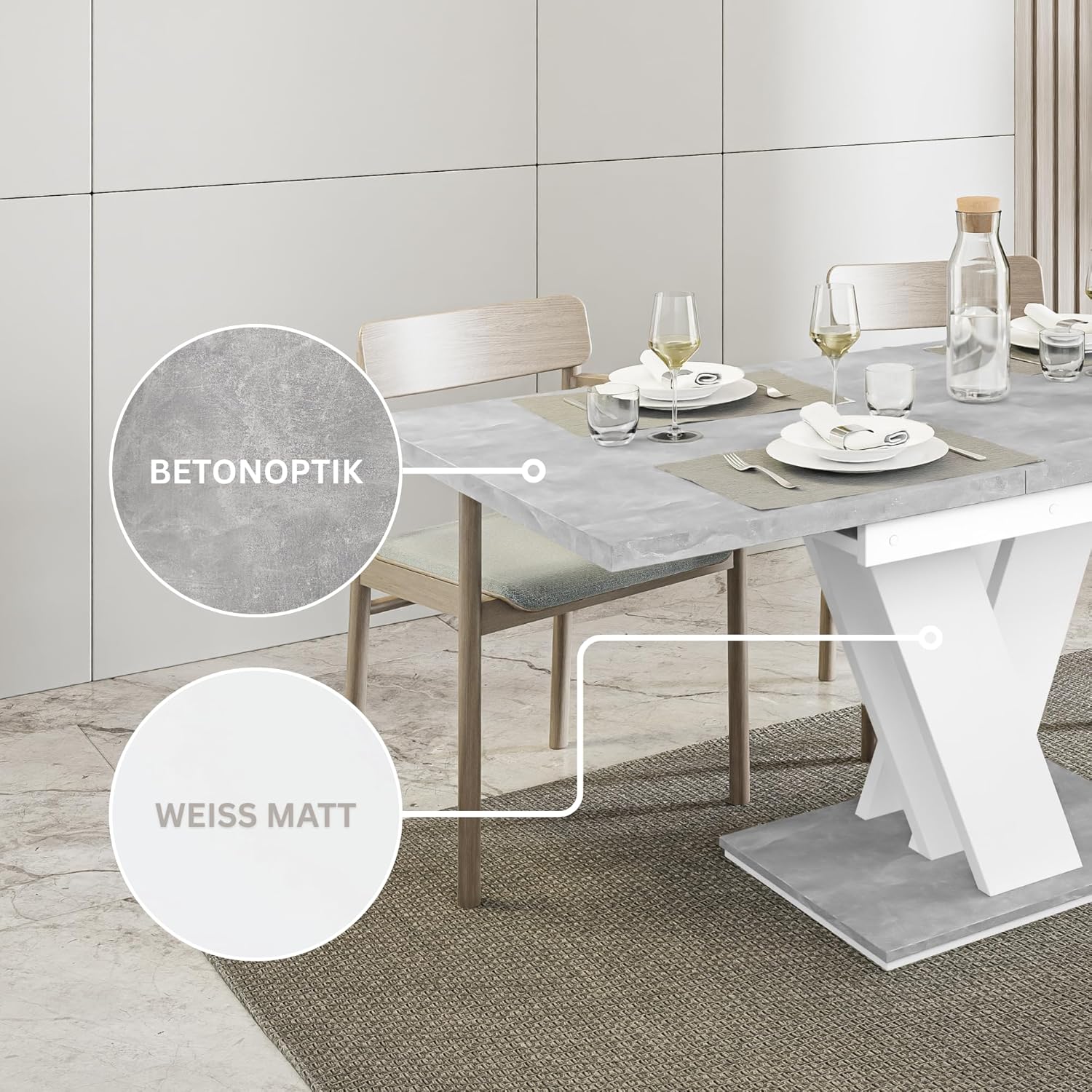 Malvi - Esstisch Ausziehbar auf 160 cm - 120x80x75 cm - Modern - Dinner Table - Esszimmertisch - Tisch für Esszimmer, Wohnzimmer - Ausziehtisch - Betonoptik/Weiß Matt