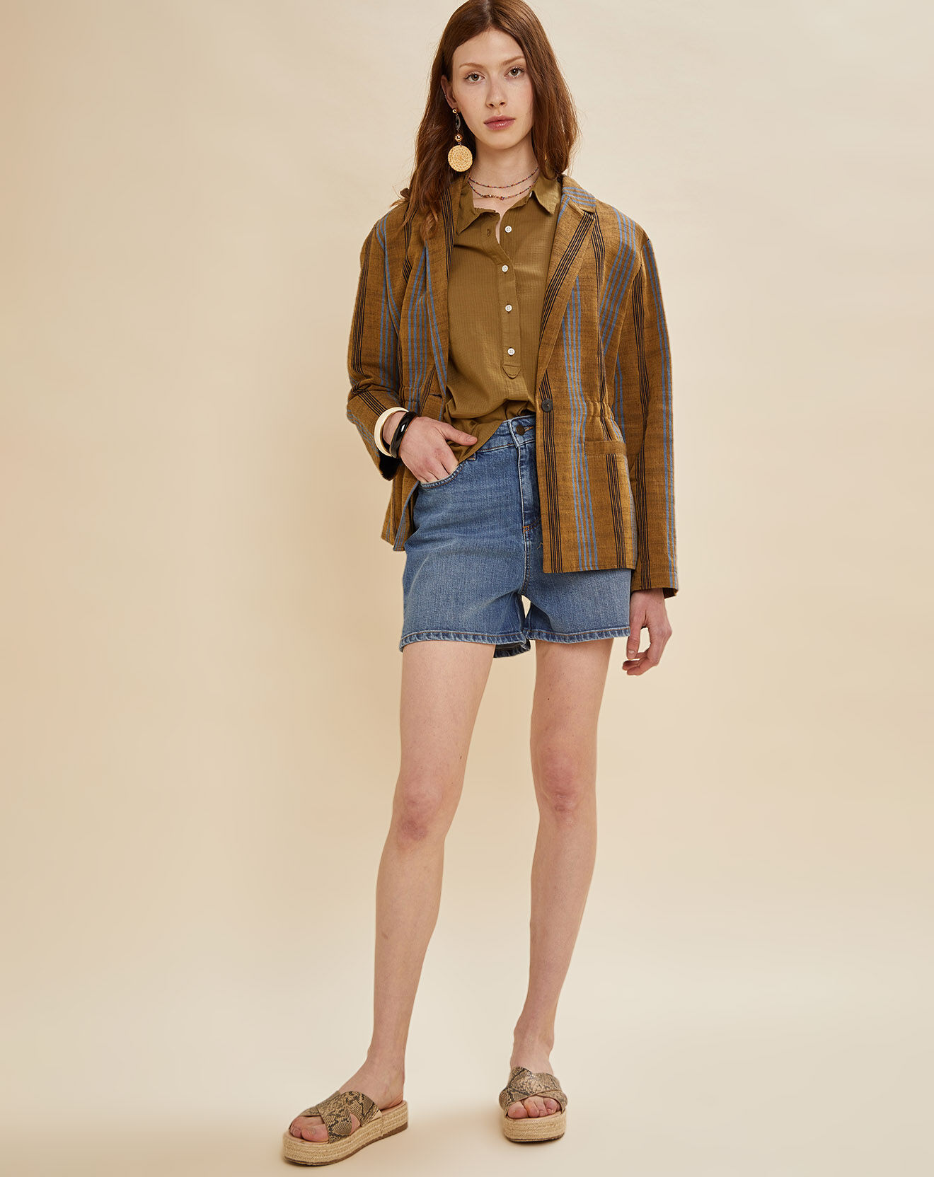 Chloé Stora Veste en Coton & Lin Uma à rayures ocre foncé