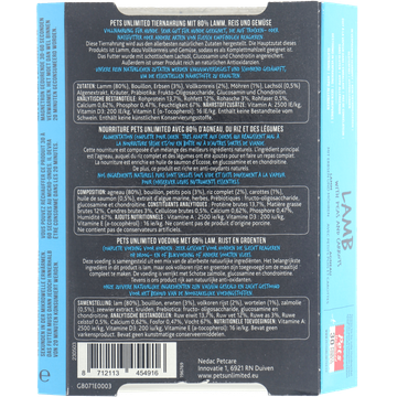 Pet's Unlimited Natvoeding Hond Lam 395Gr