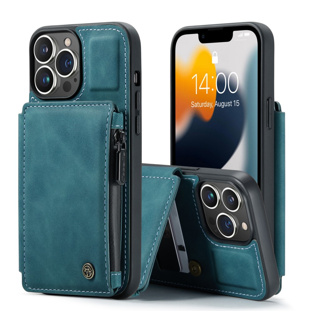 iPhone 13 Pro Leder Schutzhülle mit Münzbeutel   3 Kartenfächern - Blau / Grün