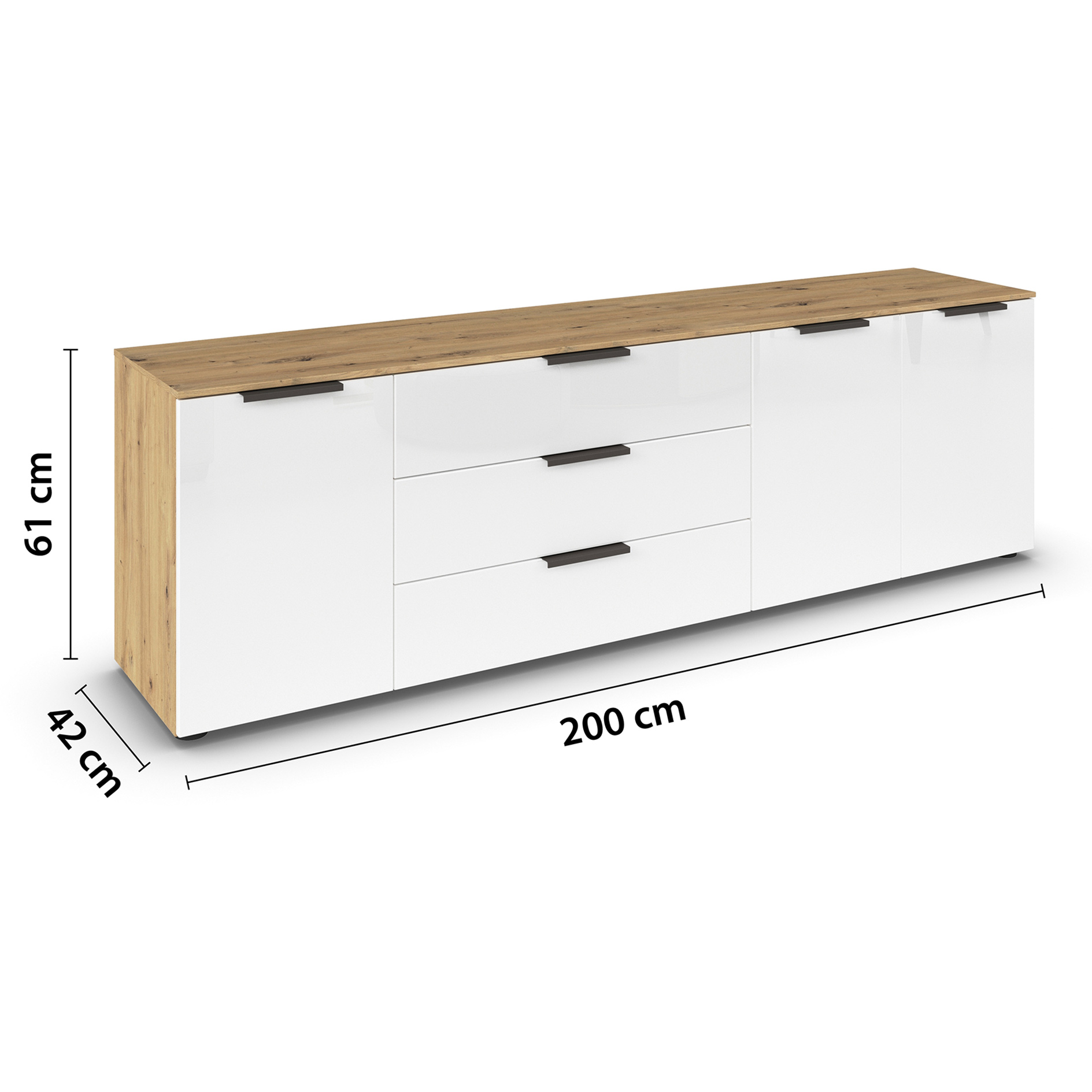 Lowboard - Artisan Eiche-weiß - Glasfront - 199 cm