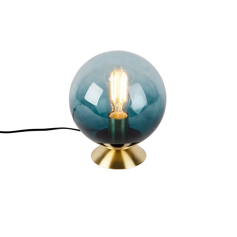 Art deco tafellamp messing met oceaanblauw glas - Pallon