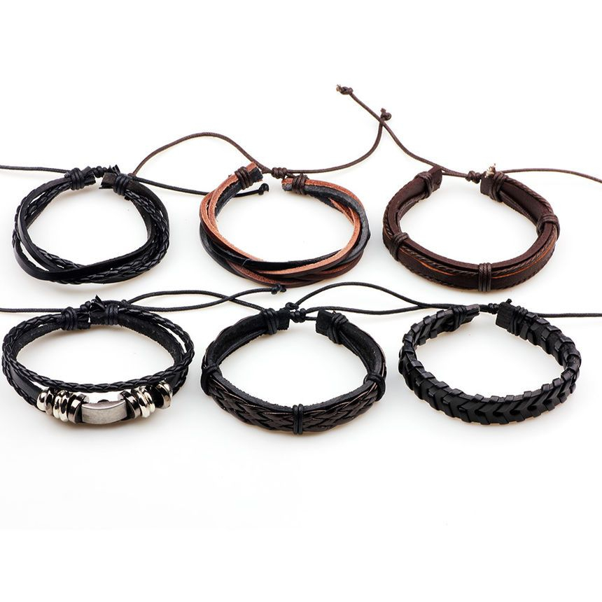 KINNO - Set van 6: Armband van imitatieleer met waxkoord (verschillende ontwerpen)