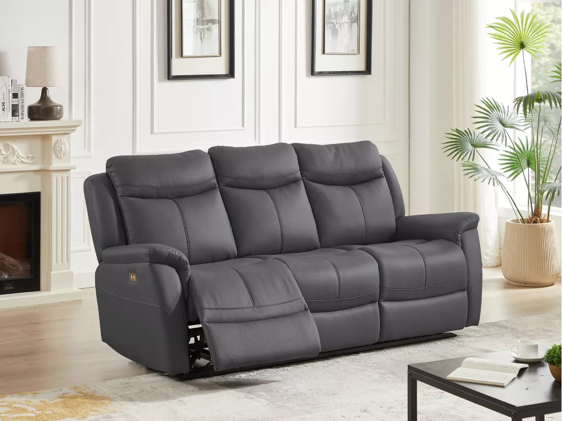 Canapé 3 places relax électrique en cuir de vachette gris anthracite NOMAJO