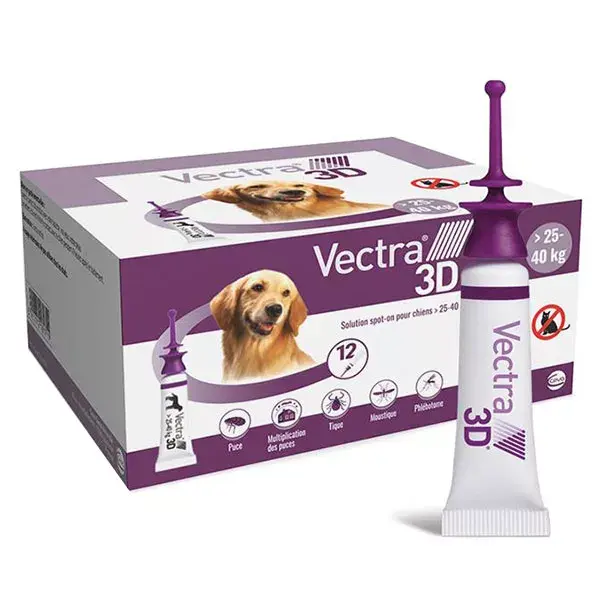 Vectra® 3D solução spot-on para cães com peso superior a 25–40 kg, 12 pipetas.