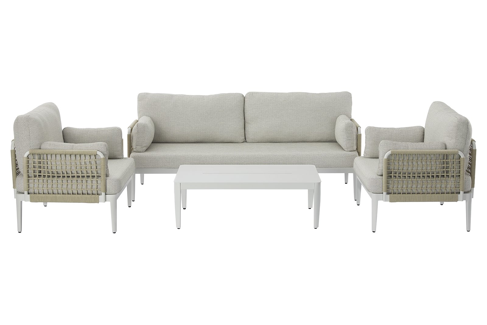 Sailon utesofa Hagesofa, 3-seter i hvitlakkert aluminium med sider av naturfarget tau. Beige puter.